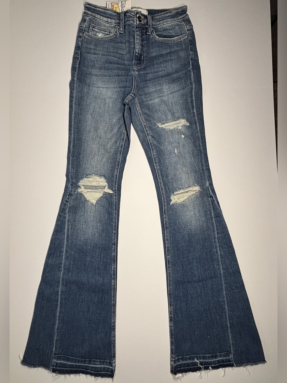 Mica Boutique Denim Size 26 NWT High Rise Distressed Flare Jeans Raw Frayed Hem